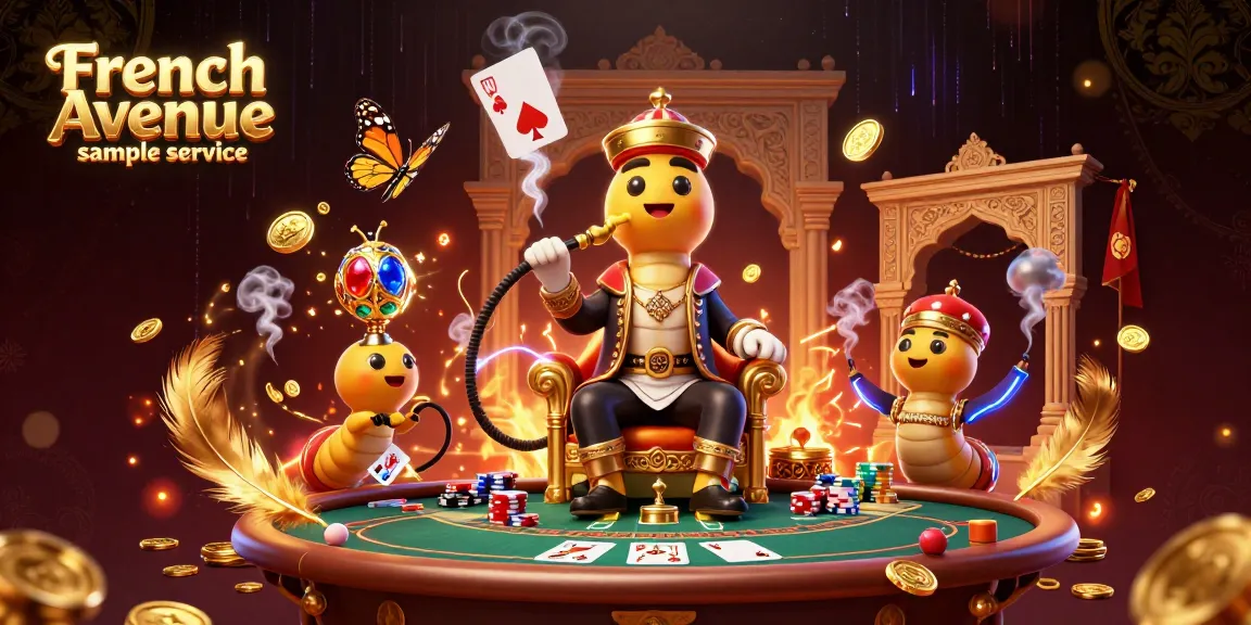 Experience French Avenue sample service with a vibrant casino-themed 3D illustration featuring unique characters and poker elements.