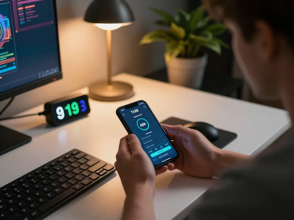 Engaging in online gaming with App Tx88 on smartphone, showcasing dynamic gameplay in a cozy workspace