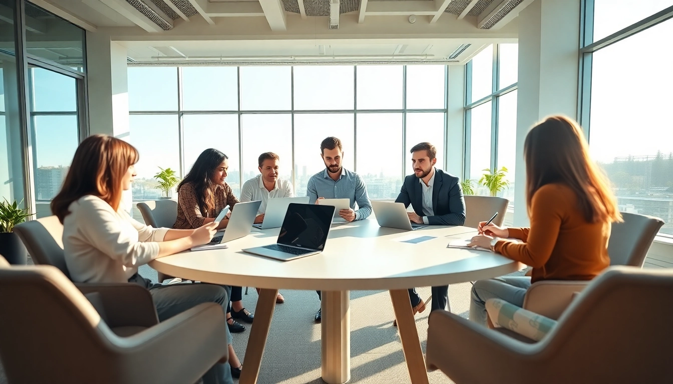 Engaging office scene depicting teamwork and innovation for 555winde com.