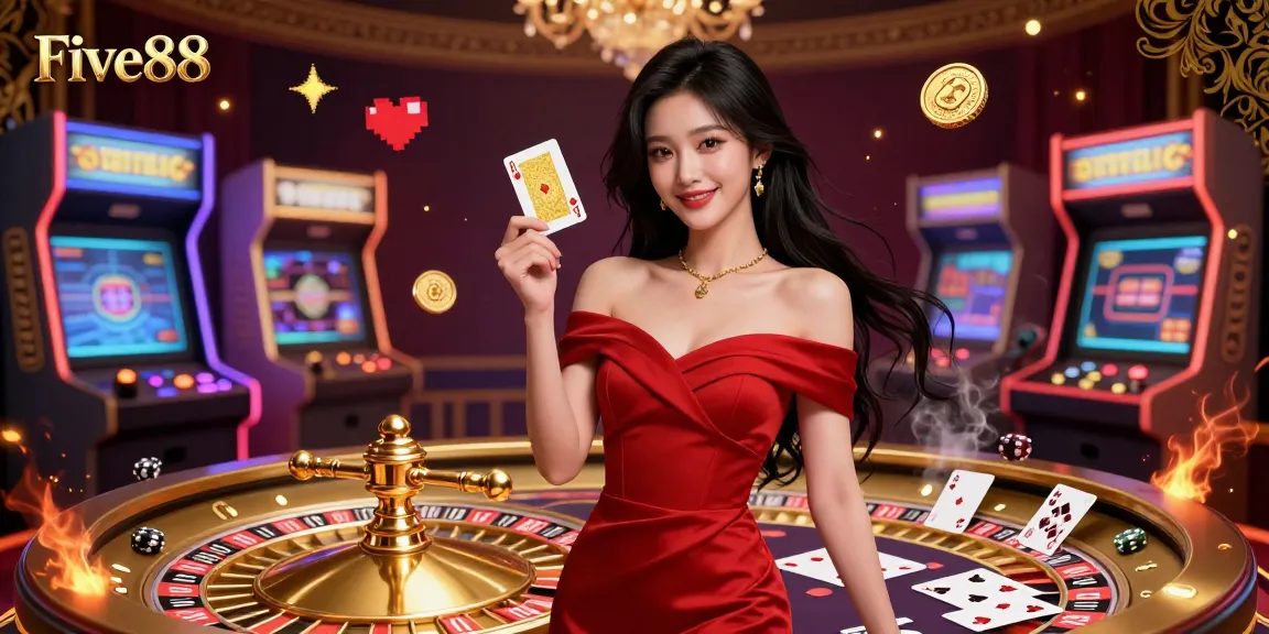 Engage in thrilling casino gaming with Five88, featuring a young woman beside a golden roulette wheel and dynamic game elements.