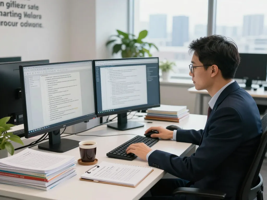 动态翻译工作空间，展示有道翻译下载功能，配备双显示器和AI工具。