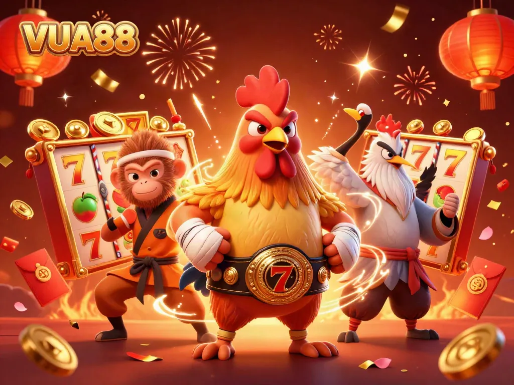 Experience the excitement of VUA88 with a vibrant casino-themed 3D illustration showcasing characters surrounded by slot reels and festive elements.