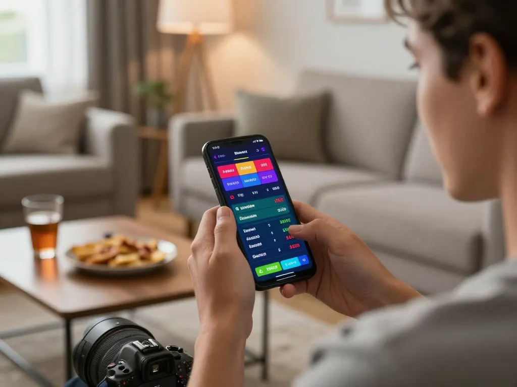 Engaging player using smartphone for debet online sports betting in cozy living room.