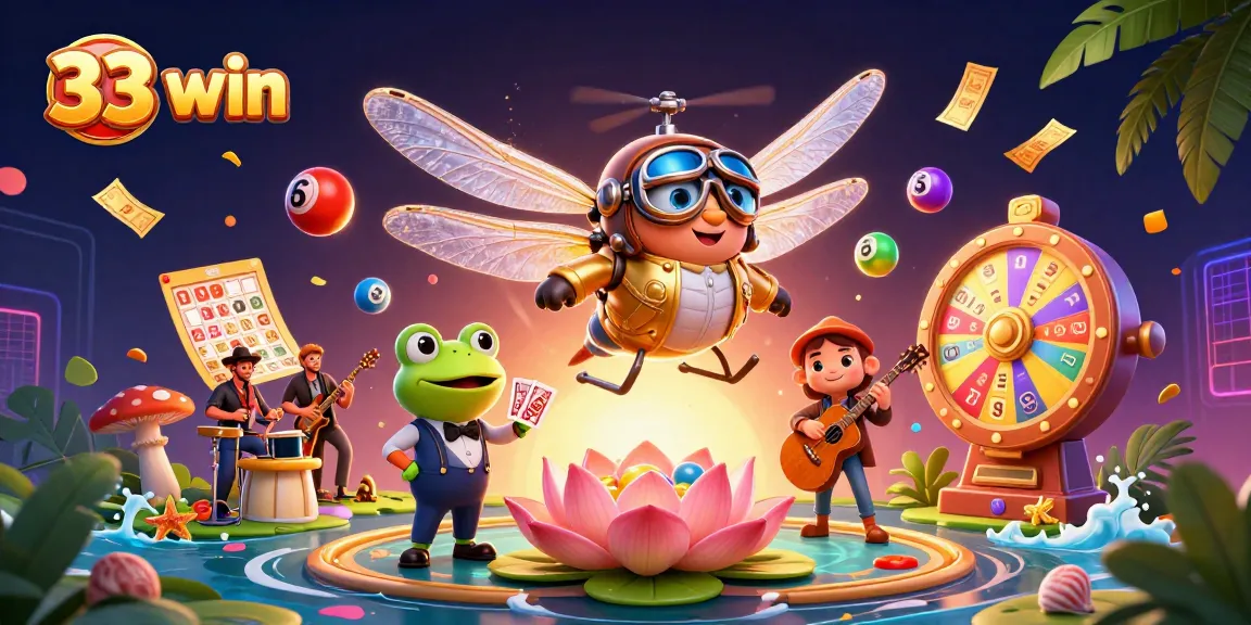 Engage with 33 win in a vibrant 3D casino scene featuring dynamic lottery elements and whimsical characters.