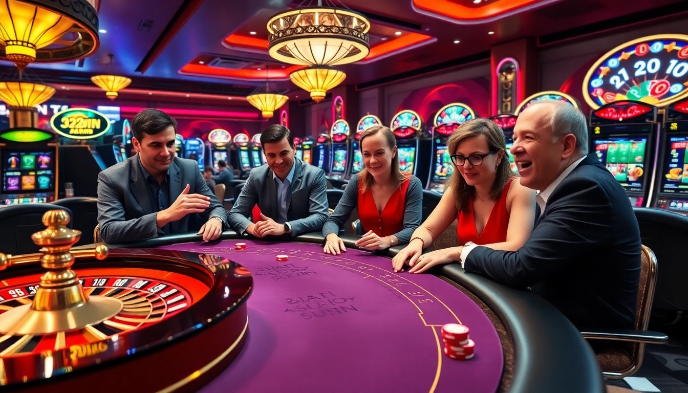 A thrilling scene of gamblers engaging with tables at 32WIN, showcasing excitement and strategy.