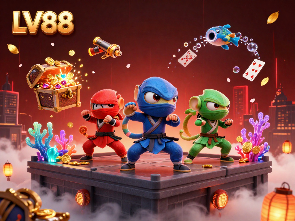 Experience thrilling gameplay at LV88 as colorful ninja chameleons showcase action-packed martial arts on a vibrant casino rooftop.