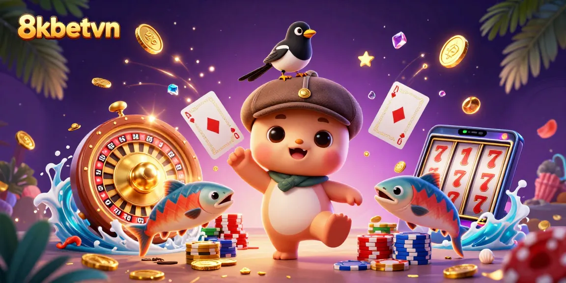 Engage with exciting games at 8kbetvn, illustrated by a playful Nessie and gold elements.