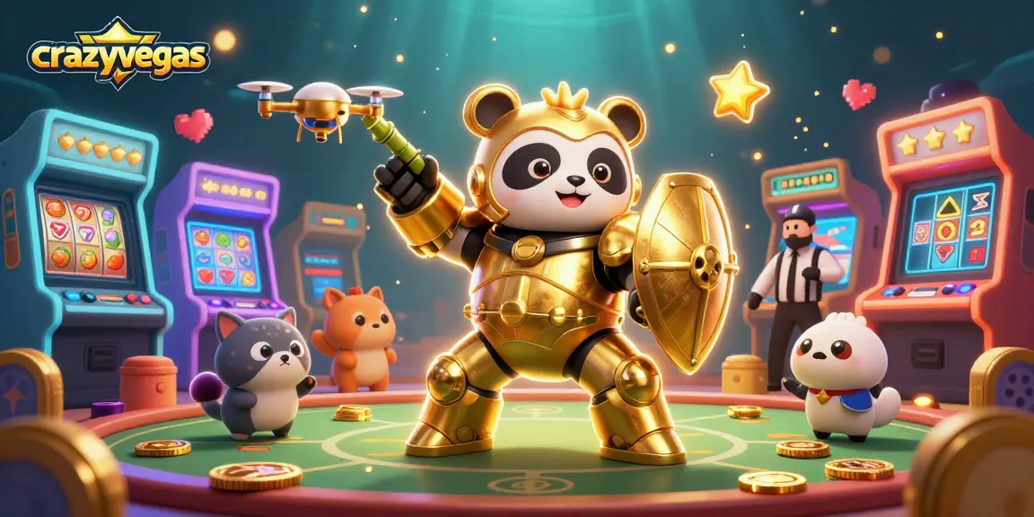Spin to win at crazyvegas with a golden panda in a mech suit among colorful slot games.