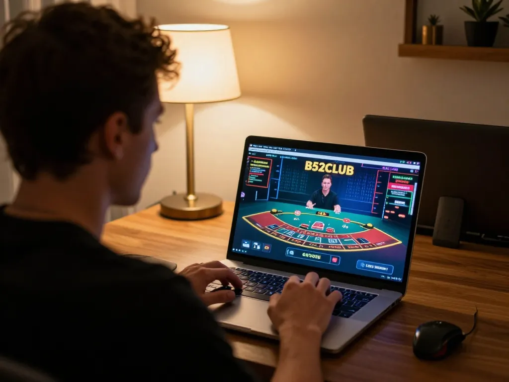B52CLUB player engages with live dealer blackjack on laptop, showcasing exciting online gaming atmosphere.