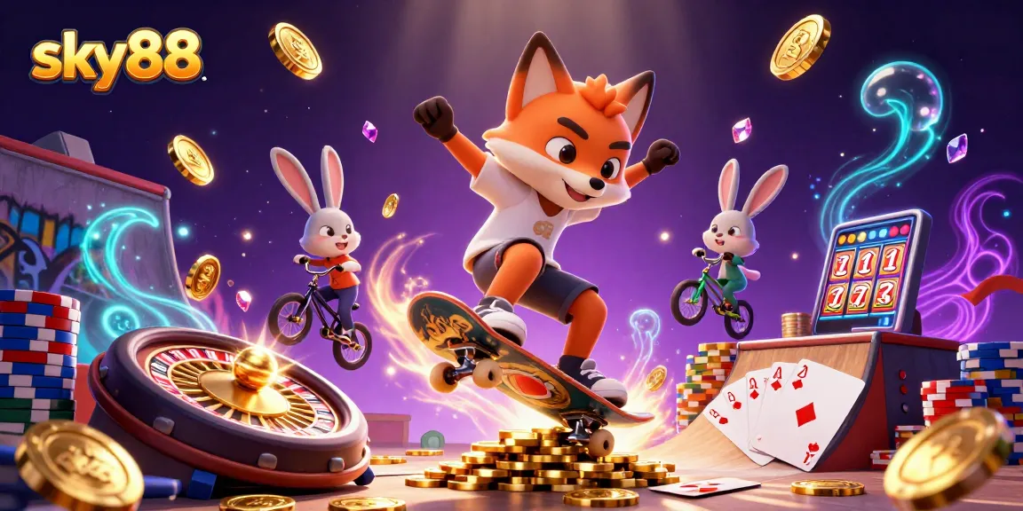 Experience excitement with sky88 as a fox skates over golden poker chips in a dynamic casino scene.