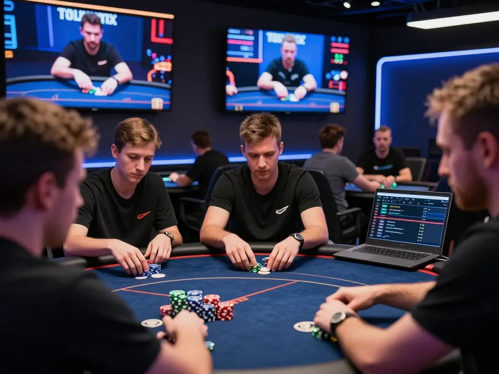 Intense online poker gameplay at oxbet3, capturing focused players and strategic decisions in modern workspace.