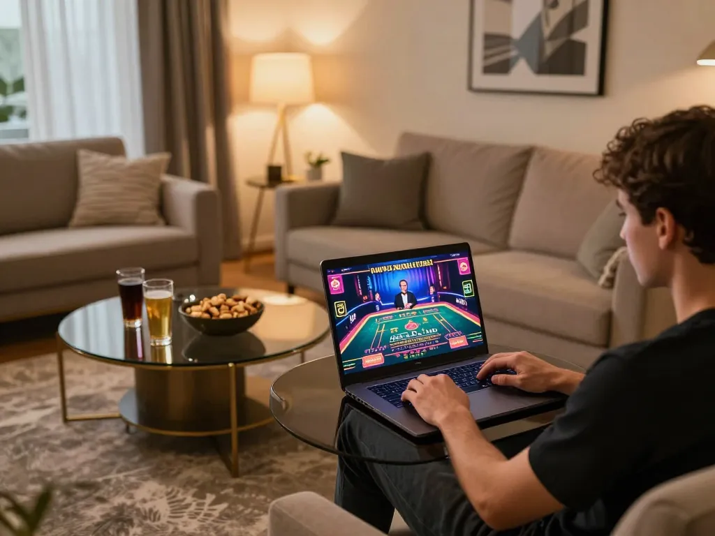VIN88 WIN online gaming experience with a player engaging in live casino games from a cozy setup.