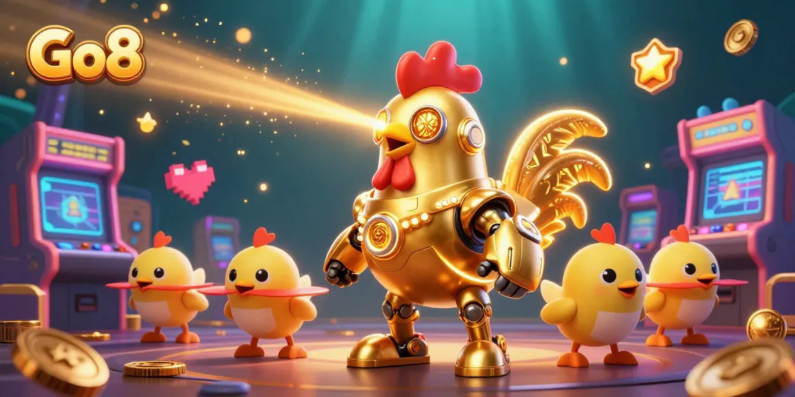 Engage with Go8's vibrant online gaming experience, featuring colorful arcade machines and dynamic characters.