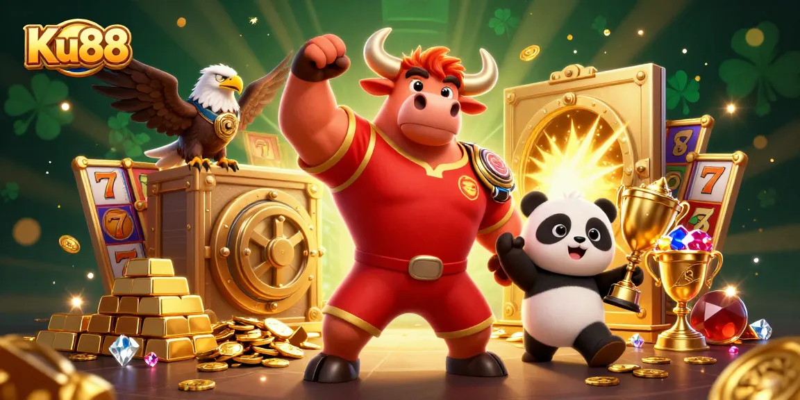 Ku88 showcases thrilling slots action with a bull mascot, eagle, and panda celebrating winnings.