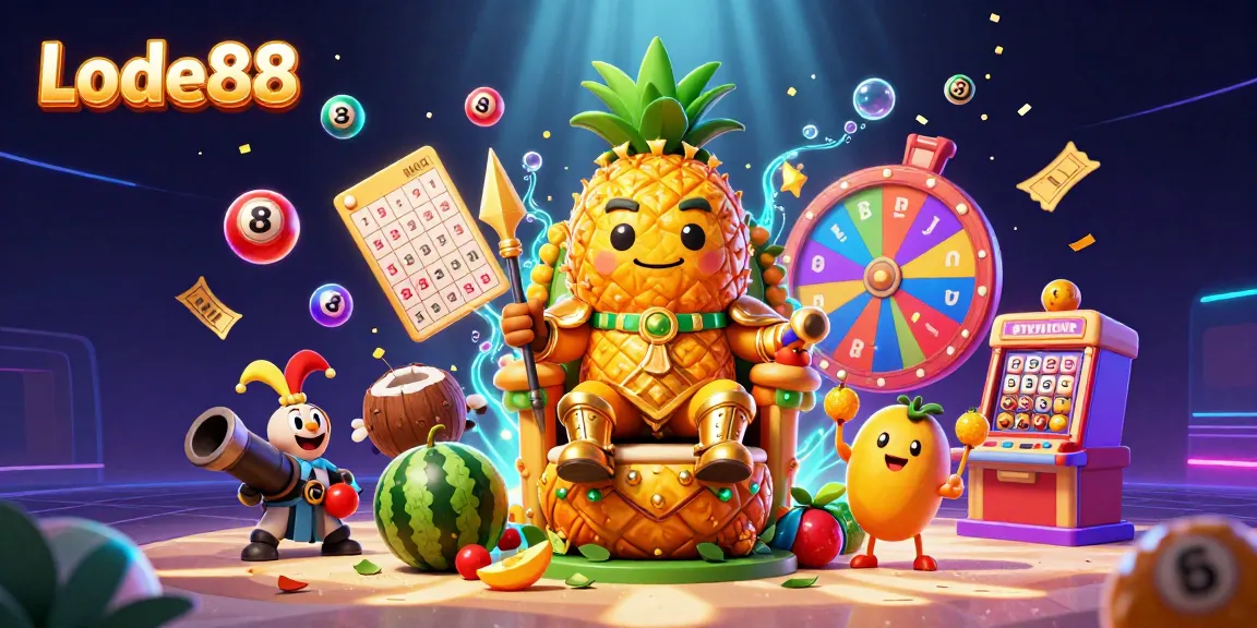 Lode88 offers vibrant casino excitement with a golden pineapple king and fun lottery elements.