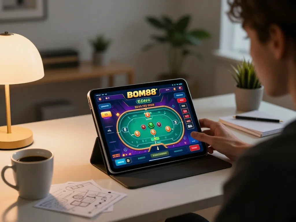BOM88 gaming on a tablet with poker interface, cozy home ambiance showcasing responsible gambling.