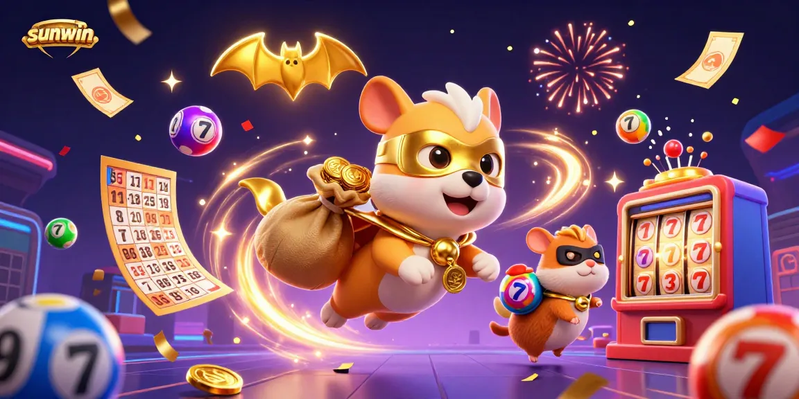 Sunwin's superhero dog conquers winning moments with gold coins and festive lottery elements.