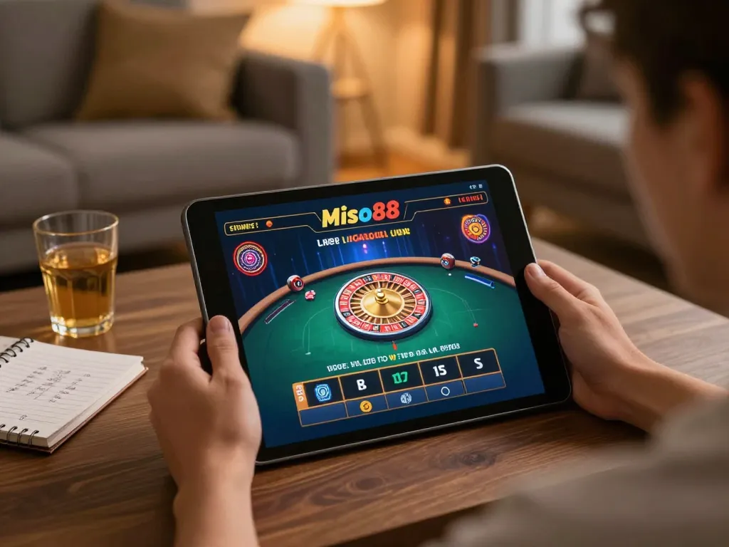 Miso88 player engaging in live casino games on tablet in a cozy home setting.