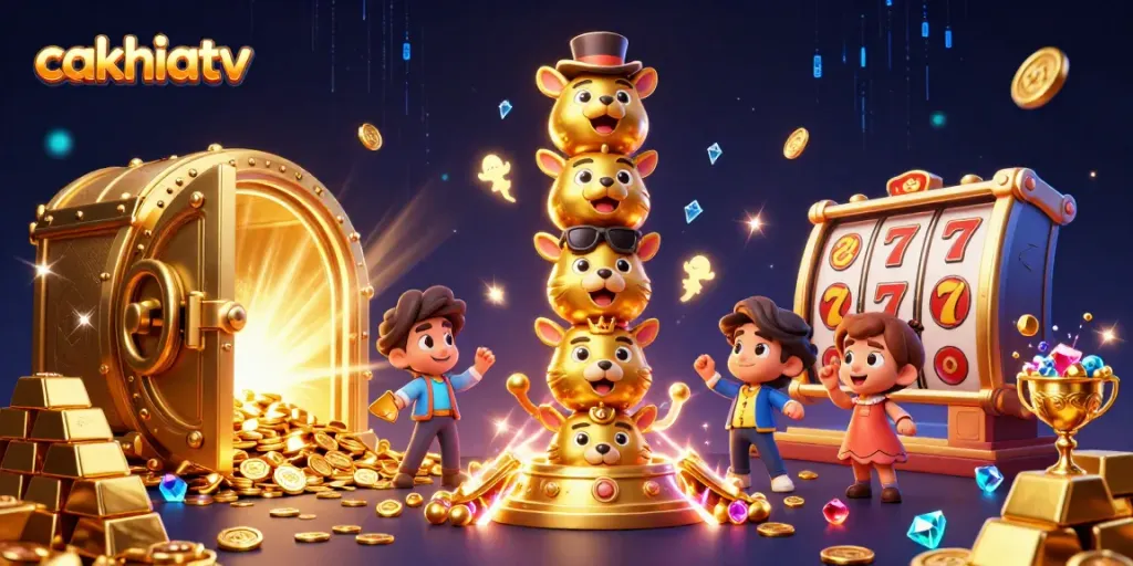 Cakhiatv showcases thrilling gambling action with vibrant casino-themed visuals and golden treasures overflowing.