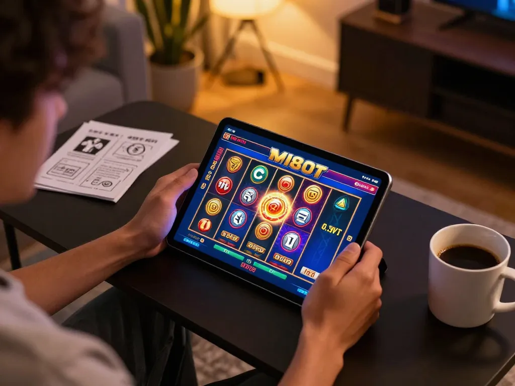 Engaging with MI88 SLOT on a tablet in a cozy living room setting, showcasing vibrant gameplay.