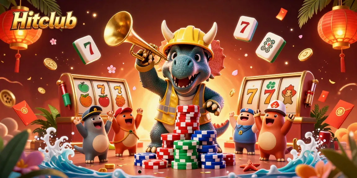 Hitclub players celebrating wins while building a poker chip pyramid in this lively gaming scene.