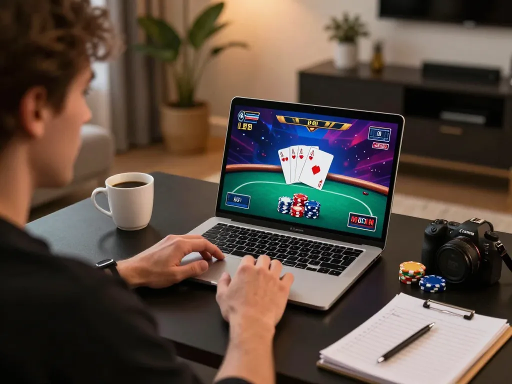 Player engaged in online poker at home, strategizing with 78win on laptop