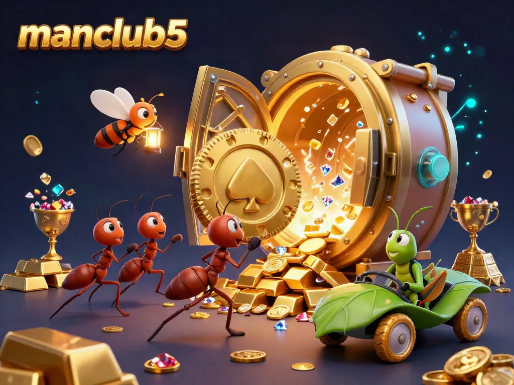 Engage with manclub5 as ants carry a giant poker chip amidst sparkling treasures in a thrilling heist scene.