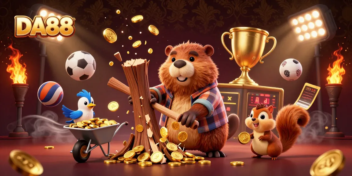 DA88 brings winning excitement as a beaver chops trees for gold coins in a vibrant casino illustration.
