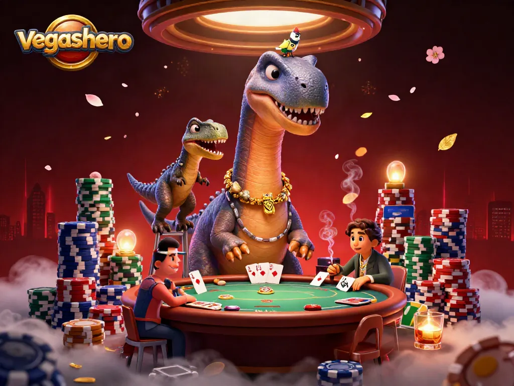 Deal cards with VegasHero's playful brontosaurus and clever raptor at a vibrant poker game.