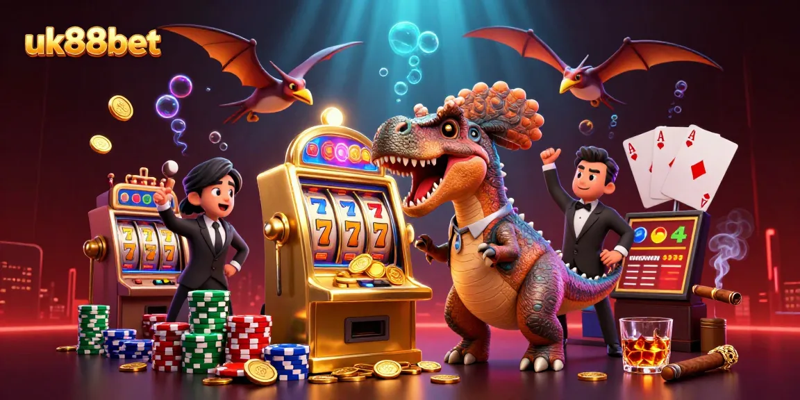 uk88bet jackpot scene with pachycephalosaurus, slot machine, and coins flying