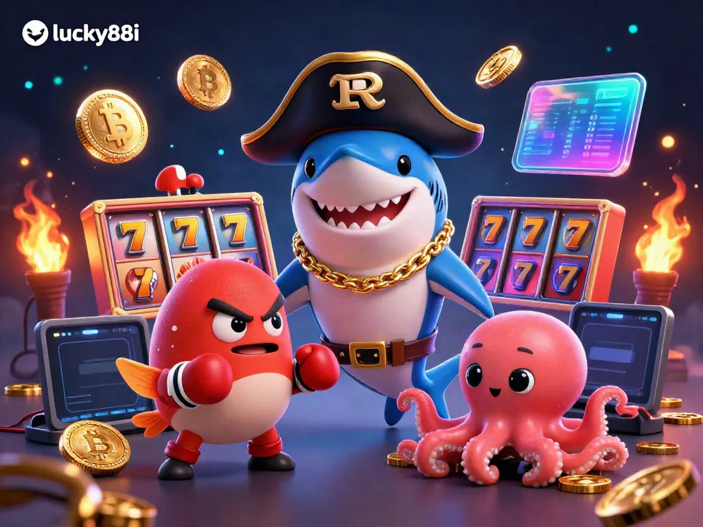 Engage with lucky88i's vibrant sea-themed casino world through a cartoon shark, pufferfish, and octopus.