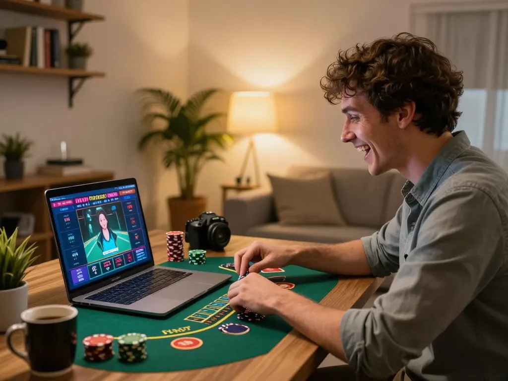 Player enjoying live dealer blackjack on ta88 from a stylish home office, focusing on gameplay.