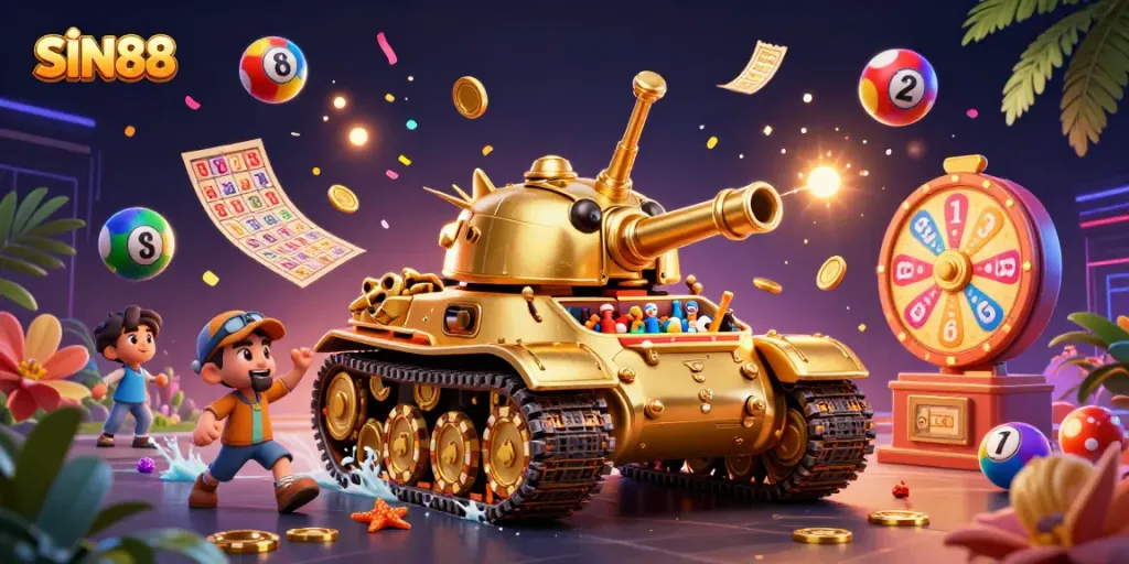 SIN88 captivates players with a vibrant casino atmosphere inside a golden beetle tank amidst dynamic lottery elements.