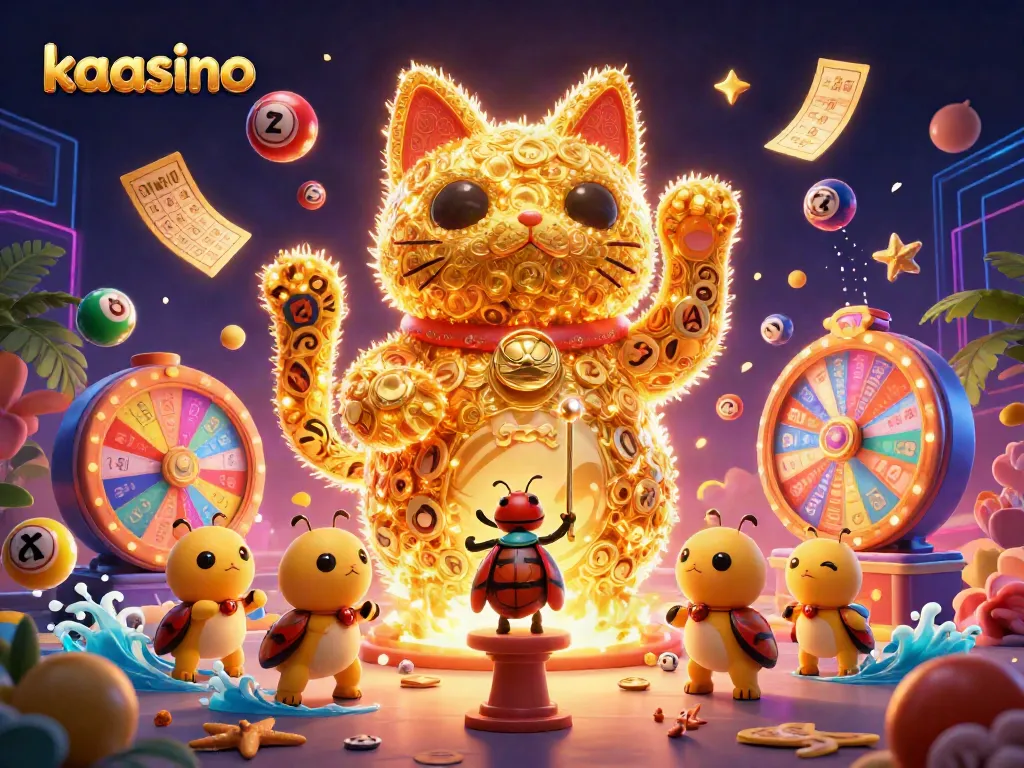 Kaasino - A dynamic illustration featuring a golden lucky cat and colorful casino elements, showcasing exciting gameplay.