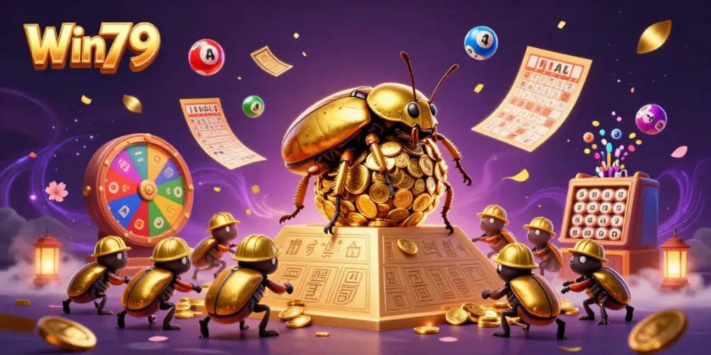 Win79's exciting gameplay features a massive golden beetle and vibrant casino symbols.
