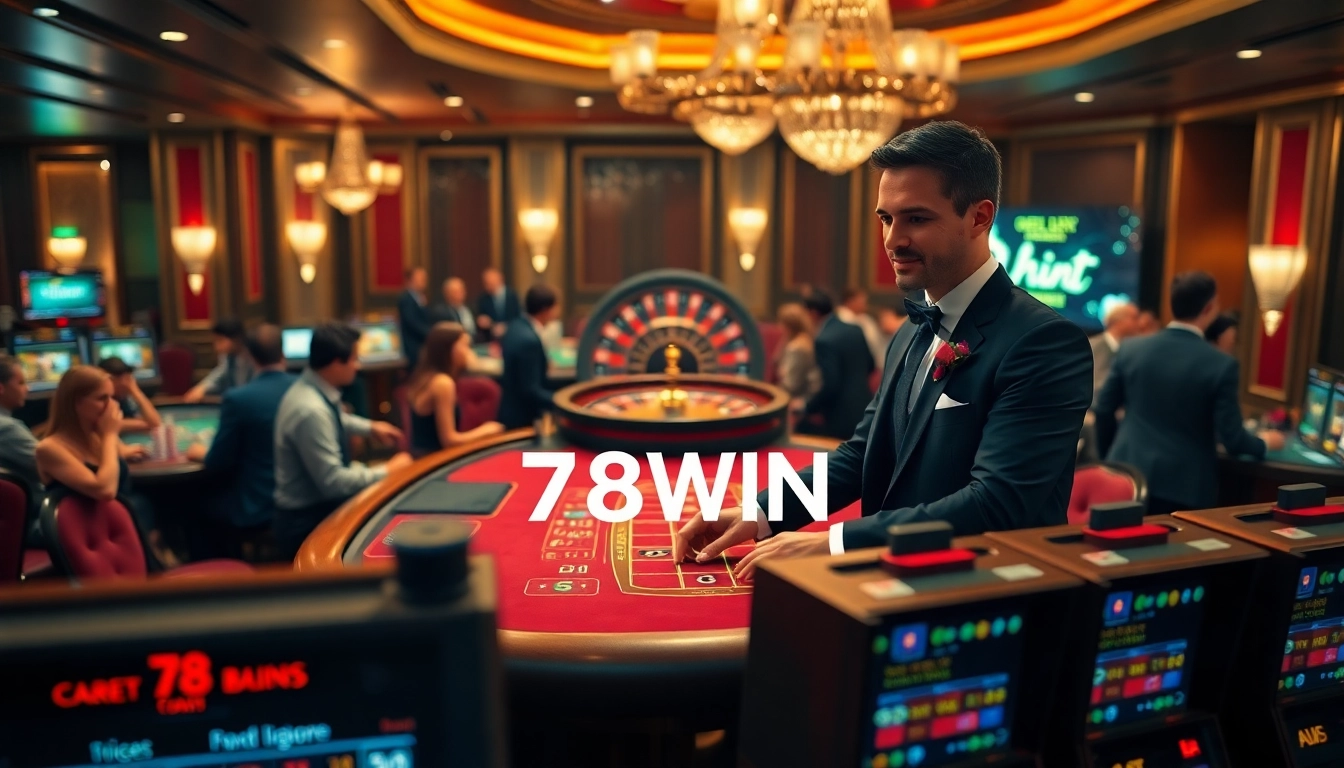 Experience thrilling gambling at 78WIN with vibrant casino tables and poker chips in a luxurious setting.