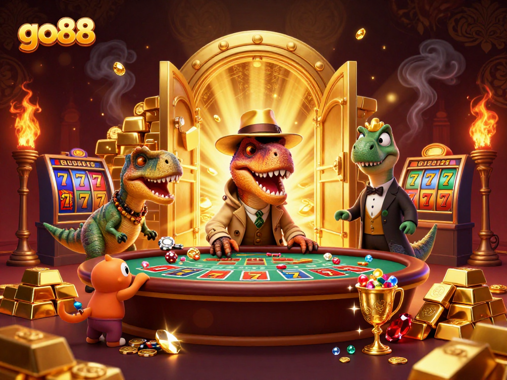 Join the excitement with go88 at a vibrant casino table featuring playful dinosaurs.