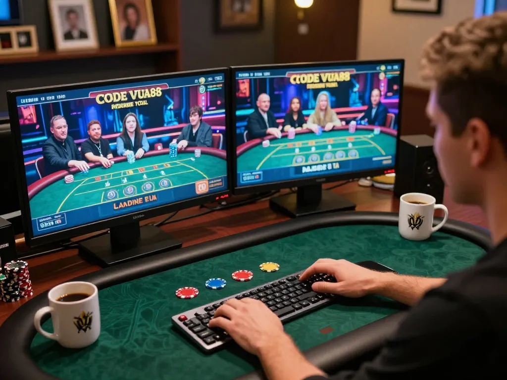 Engaging poker gameplay featuring CODE VUA88 promotions with dual-monitor setup.