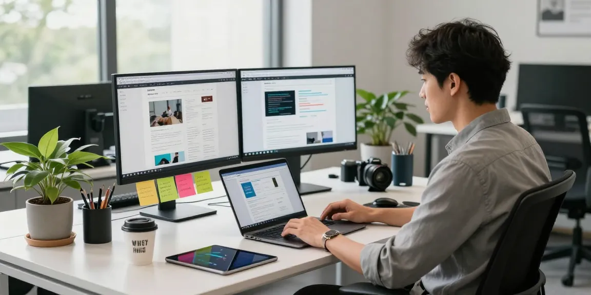 Professional workspace featuring WPS Official Website on screens in a modern office.