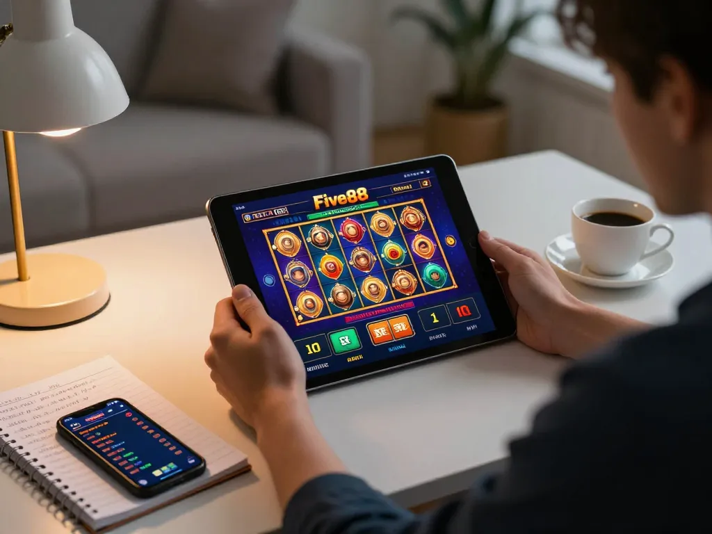 Engaging in a live Five88 casino game on a tablet at home, with strategic notes and a casual atmosphere