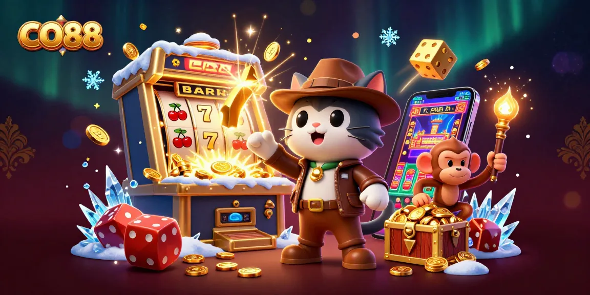 Spin and win at CO88: 3D illustration of an archaeologist cat discovering casino treasures.