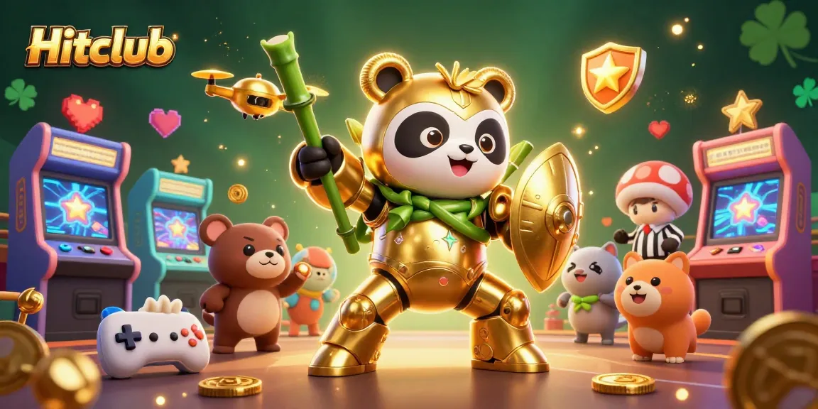 Hitclub showcases thrilling gameplay with golden panda in mech-suit battling amidst vibrant casino elements.