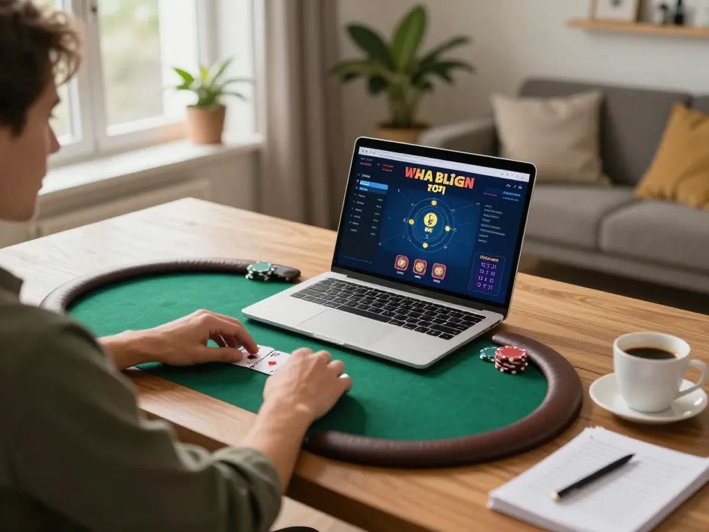 Engaging player using FLY88 platform on a laptop for online poker at home, showcasing dynamic gaming experience.