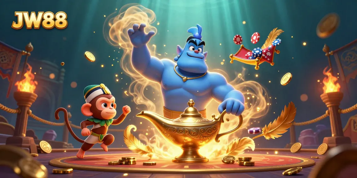 Win big at JW88 with a magical genie and poker chips in a vibrant casino scene.
