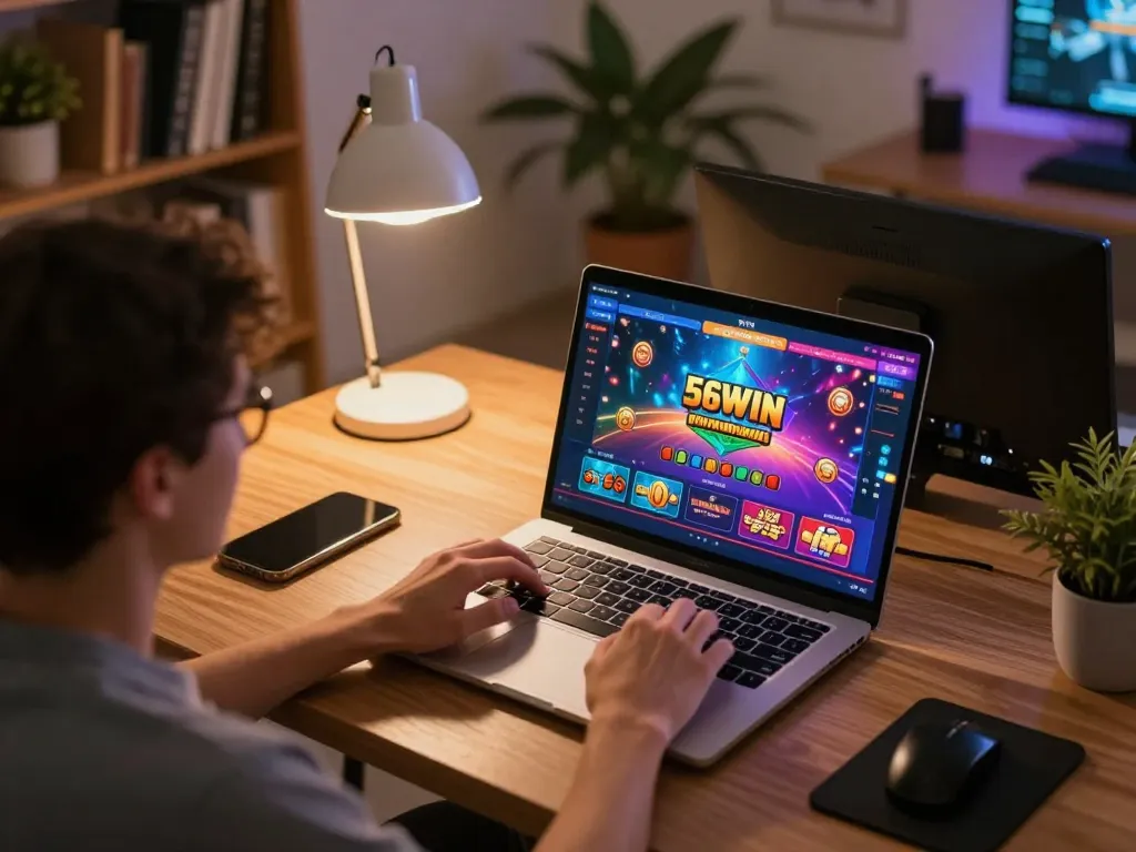 Player enjoying thrilling games on 56WIN's online casino interface in a cozy home setting