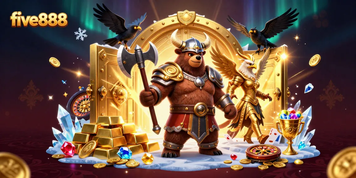 Win big at five888 with a vibrant 3D illustration of Viking-themed casino characters amidst glittering treasures.