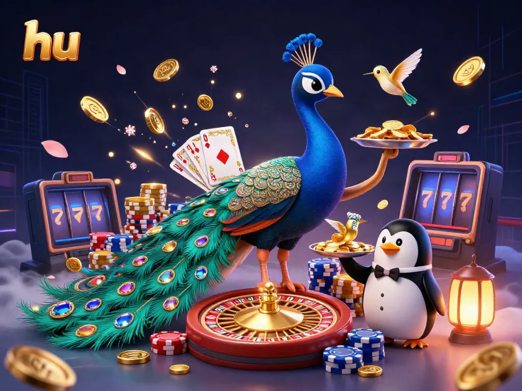Engage with hu's vibrant 3D casino world featuring a peacock, butler penguin, and hummingbird!