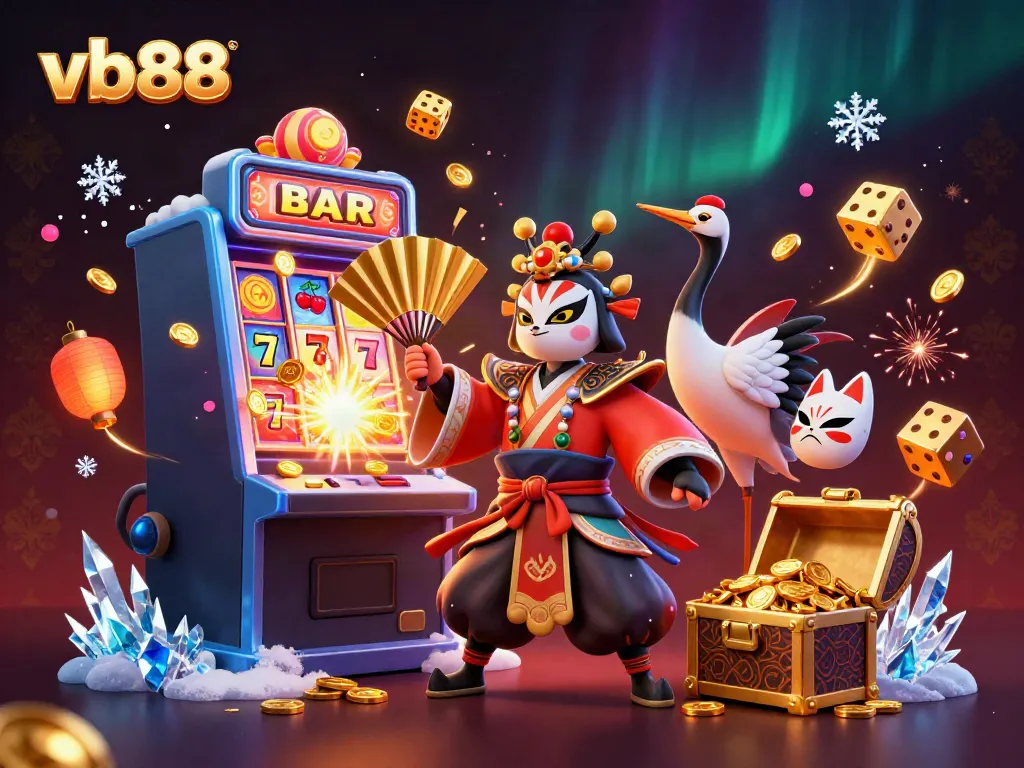 Experience the excitement of vb88's jackpot with a kabuki warrior and kitsune amidst a dynamic casino scene.