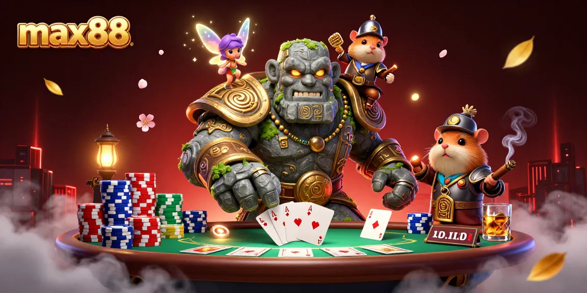 Experience excitement at max88 with captivating golem guardian and sparkling fairy beside poker elements.