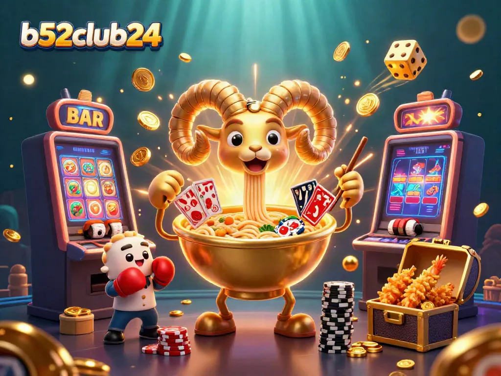 Experience the thrill at b52club24 with a giant golden ramen bowl, lively characters, and a jackpot scene.